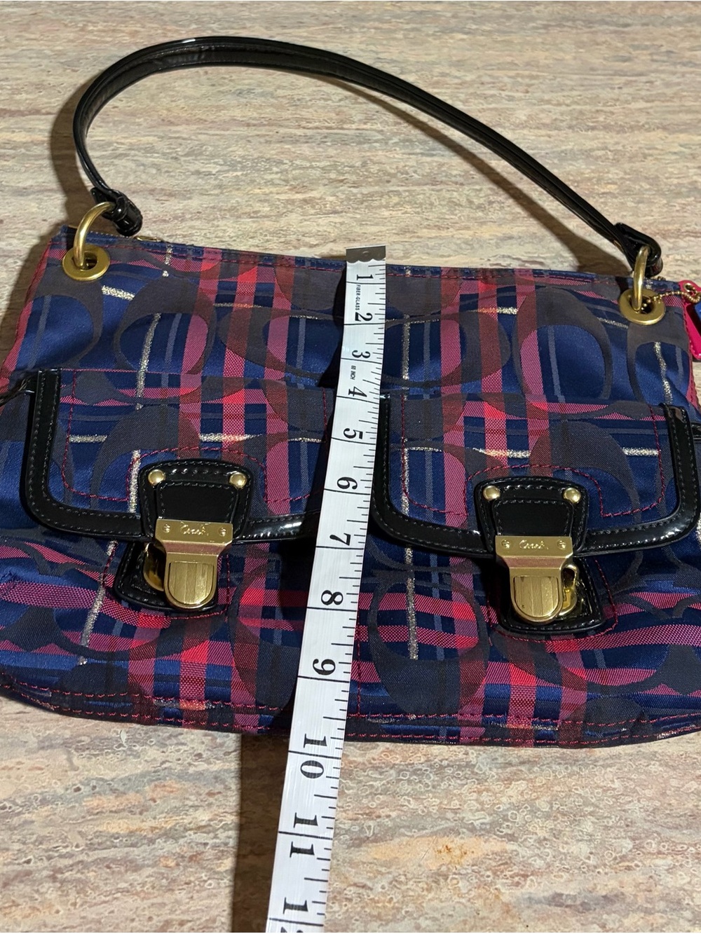 Coach Plaid Tartan G1282-21622 Blue & Pink Plaid Bag with 2 Fobs & Black Trim - Picture 13 of 16